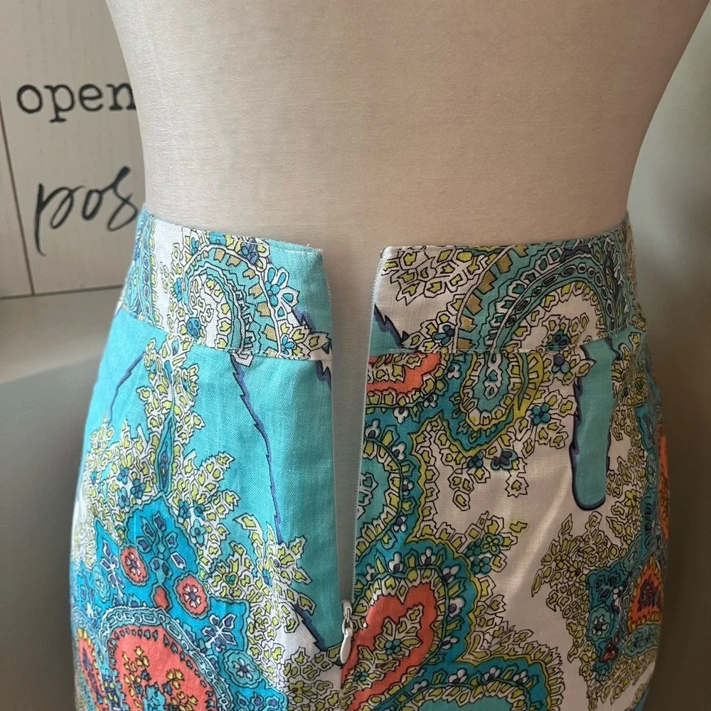 Sunny Leigh NWT Linen Summer Wind Turquoise/Multi Paisley Print Faux Wrap Skirt - Picture 5 of 10